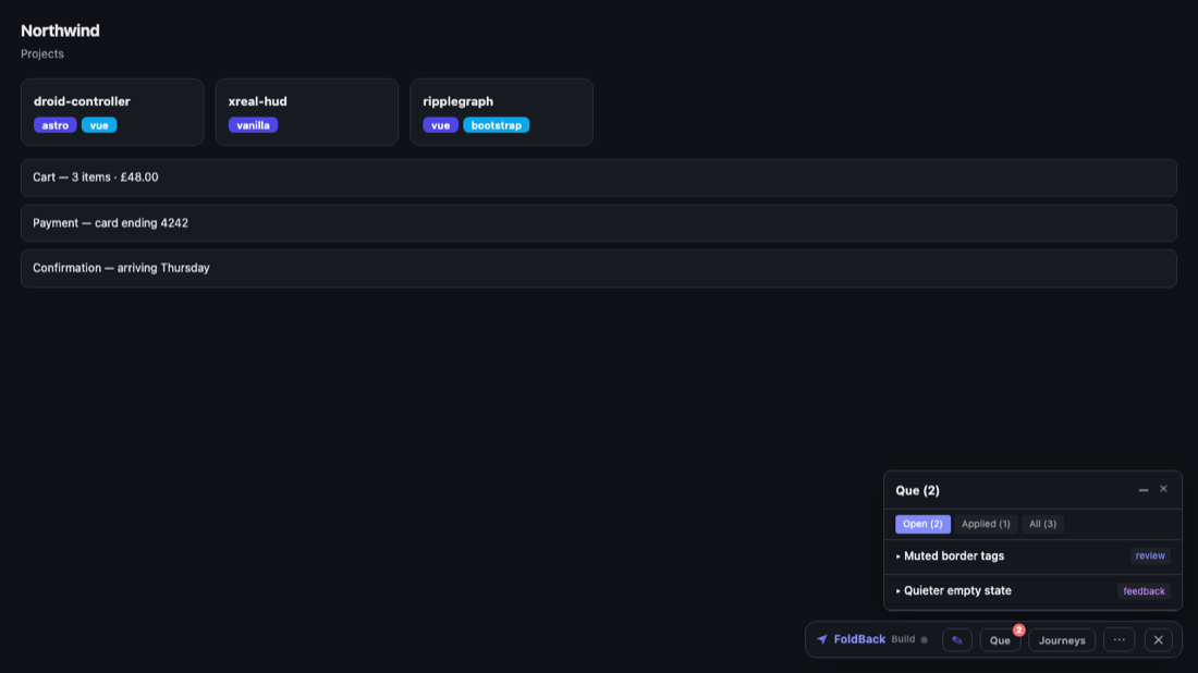 The FoldBack queue panel listing open changes